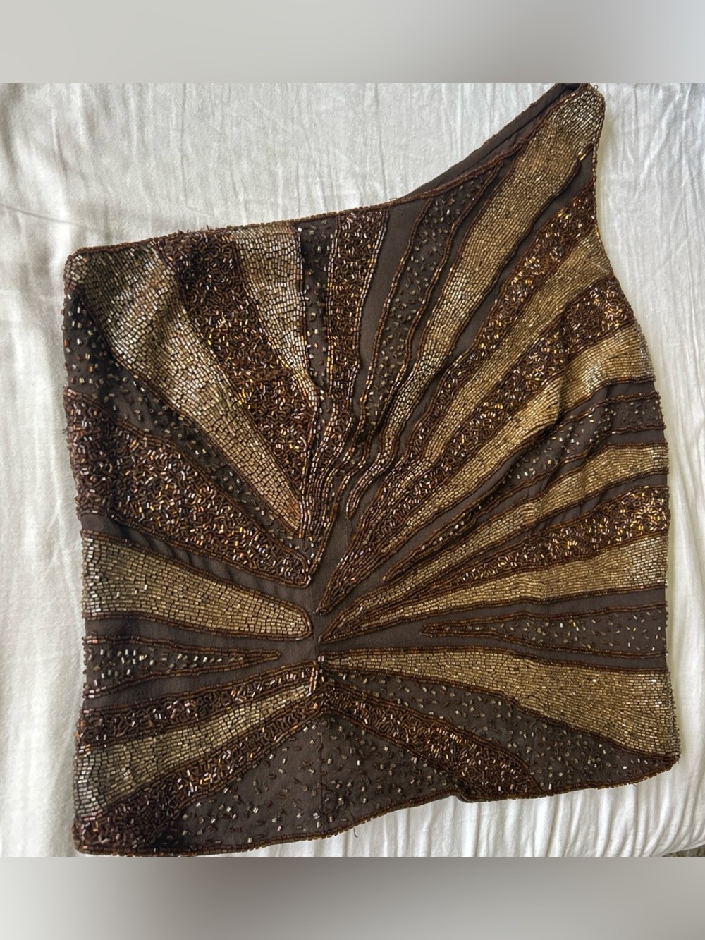 Insane Vintage Caché Beaded One ShoulderTop in Bronze. Shell 100% Pure Silk - Picture 2 of 11